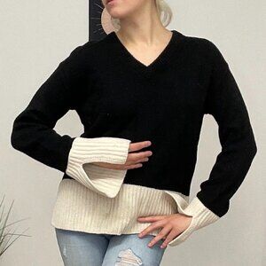 Derek Lam Contrast Rib V-Neck Sweater Long Sleeve Size M Black/White